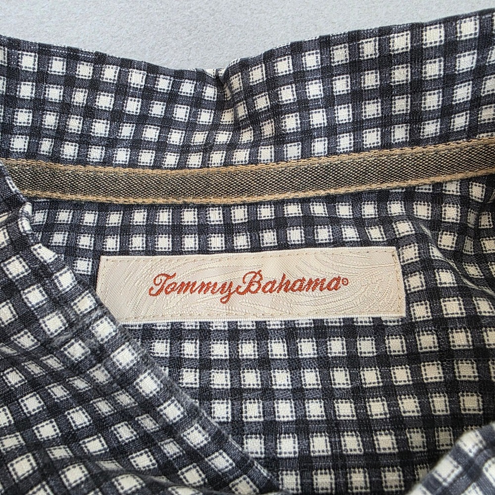Tommy Bahama Men XL Black White Gingham 100% Silk Short Sleeve Button Down Shirt